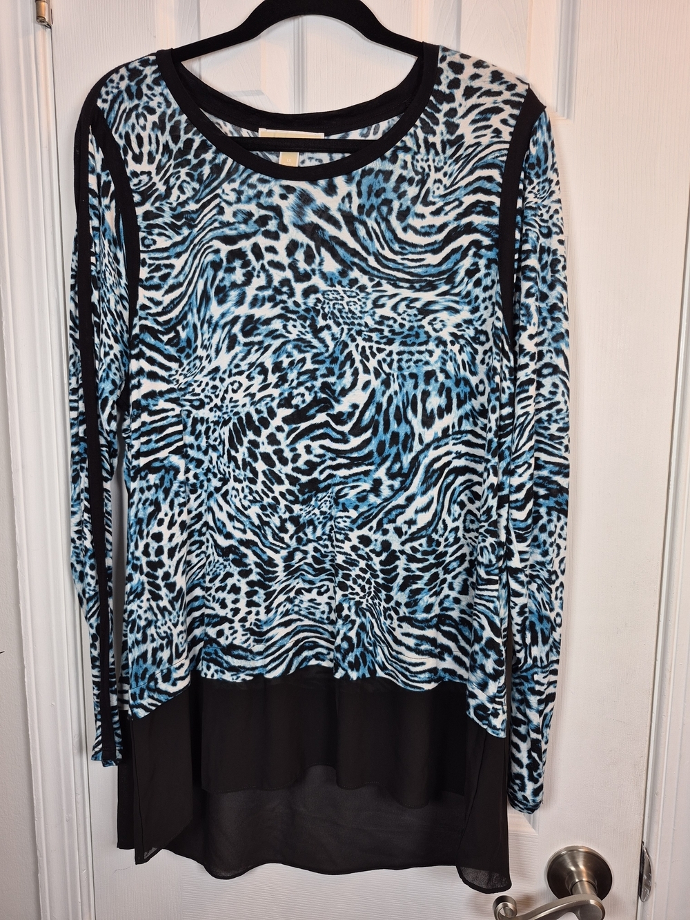 MICHEAL Kors Blue Black Animal Print Long Sleeve Contrast Top High Low Hem 1X